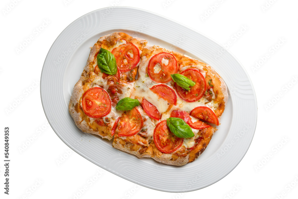 margarita pizza at the Rome dough isolated on white background top view