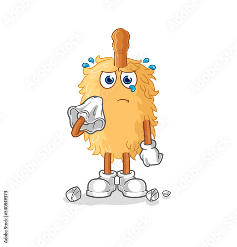 feather duster cry with a tissue. cartoon mascot vector