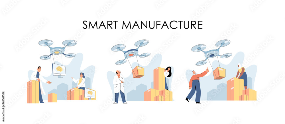 Fototapeta premium Smart logistics technology metaphor. Idea of modern transportation and distribution. People using copter delivery. Technical and science innovation. Automation and development of delivery process