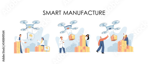 Smart logistics technology metaphor. Idea of modern transportation and distribution. People using copter delivery. Technical and science innovation. Automation and development of delivery process