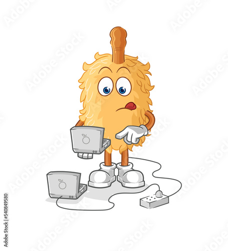feather duster with laptop mascot. cartoon vector