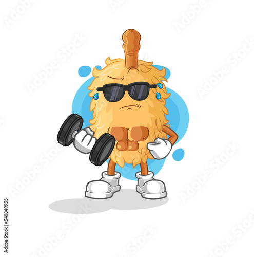 feather duster lifting dumbbell vector. cartoon character