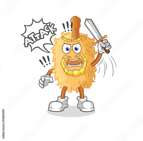 feather duster knights attack with sword. cartoon mascot vector