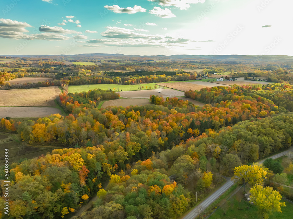 10-16-2022, Late afternoon aerial autumn image of the area surrounding the Village of Trumansburg, NY, USA