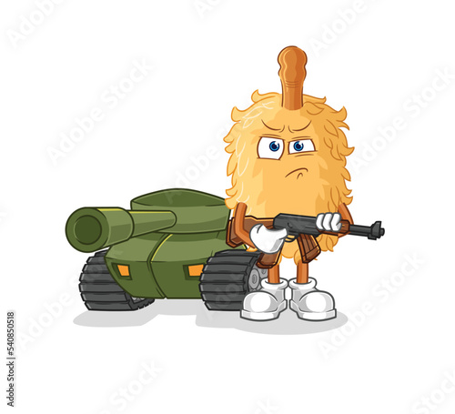 feather duster soldier with tank character. cartoon mascot vector