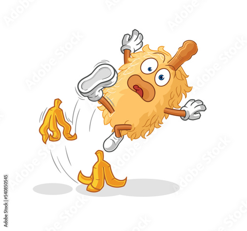 feather duster slipped on banana. cartoon mascot vector