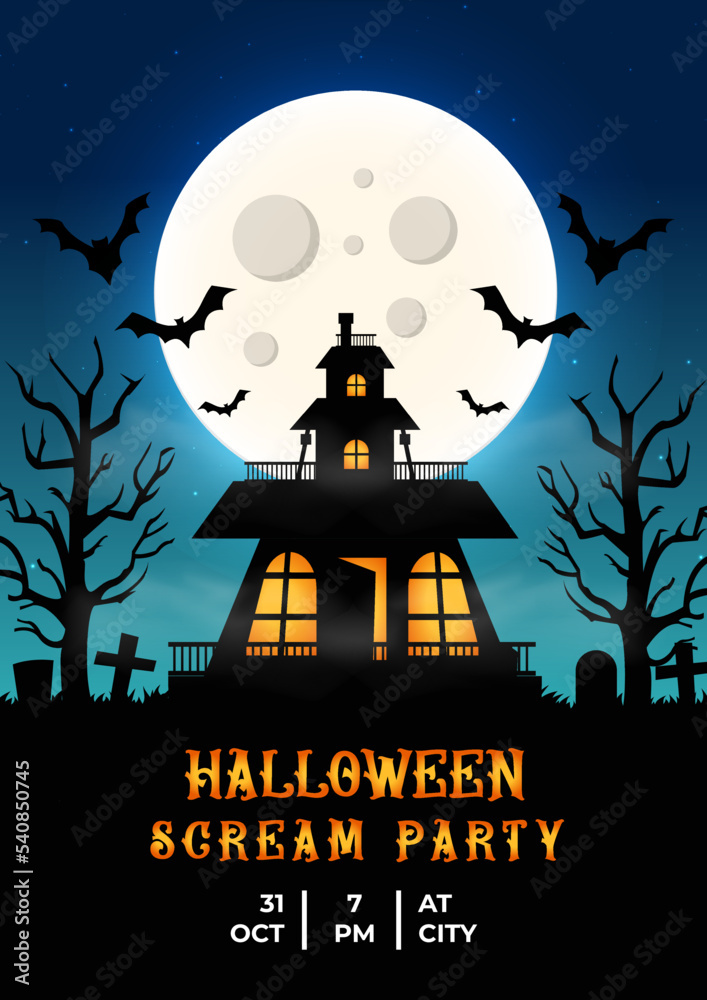 Halloween with haunted house, graveyard, dry tree and moon background. Flyer or invitation template for a Halloween party. Vector illustration.