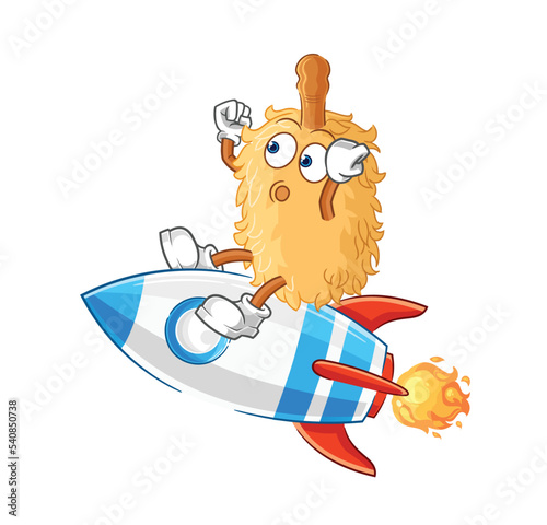 feather duster ride a rocket cartoon mascot vector