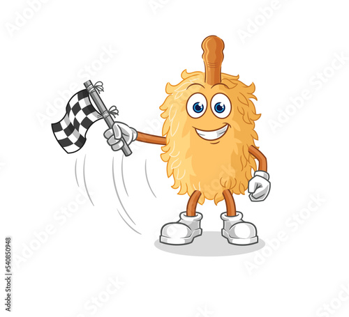 feather duster hold finish flag. cartoon mascot vector
