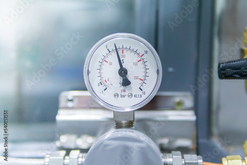 Pressure Gauge, pressure gauge on a gas regulator in a laboratory analytical equipment.