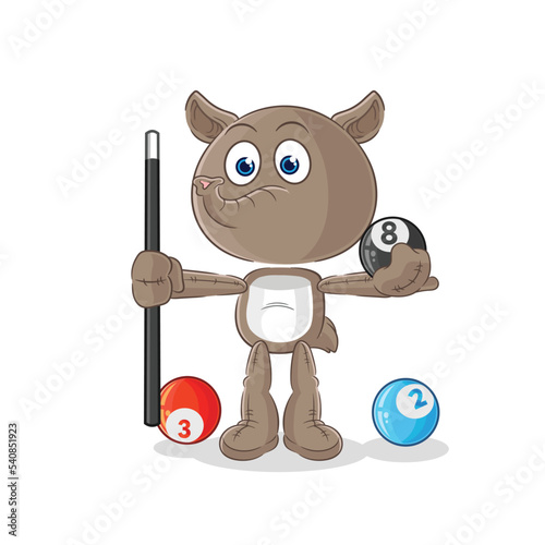 tapir plays billiard character. cartoon mascot vector