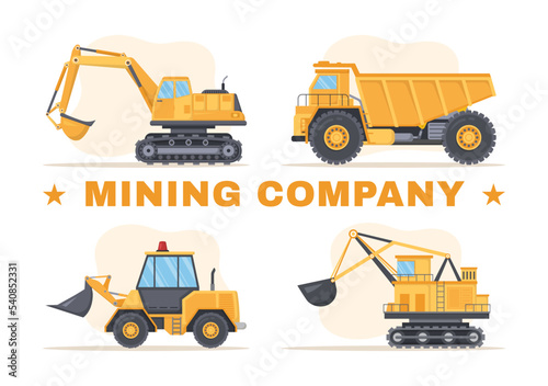 Mining Company with Heavy Yellow Dumper Trucks for Coal Mine Industrial Process or Transportation in Flat Cartoon Hand Drawn Templates Illustration