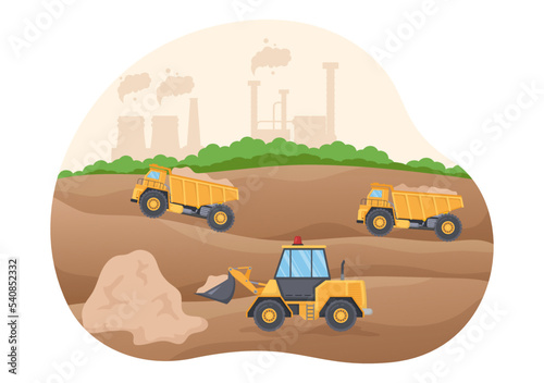 Mining Company with Heavy Yellow Dumper Trucks for Coal Mine Industrial Process or Transportation in Flat Cartoon Hand Drawn Templates Illustration