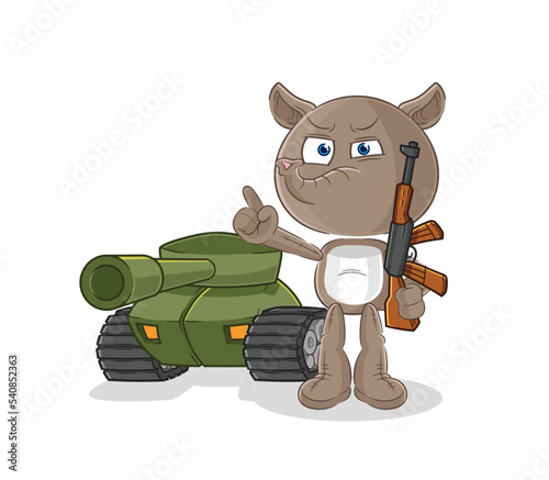 tapir soldier with tank character. cartoon mascot vector