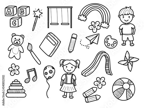 Set of kindergarten doodles illustration isolated on white background. Hand-drawn kindergarten vector elements