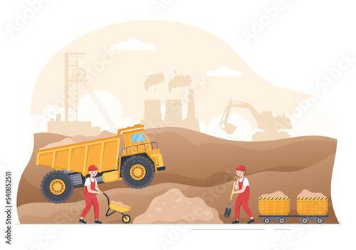 Mining Company with Heavy Yellow Dumper Trucks for Coal Mine Industrial Process or Transportation in Flat Cartoon Hand Drawn Templates Illustration