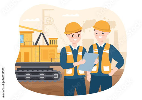 Mining Company with Heavy Yellow Dumper Trucks for Coal Mine Industrial Process or Transportation in Flat Cartoon Hand Drawn Templates Illustration
