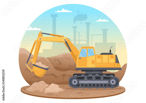 Mining Company with Heavy Yellow Dumper Trucks for Coal Mine Industrial Process or Transportation in Flat Cartoon Hand Drawn Templates Illustration