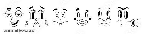 Retro 30s characters mascot, comic faces expression of the 50s, 60s. Quirky eyes and mouths cartoon animation in funny style, vintage avatars vector background
