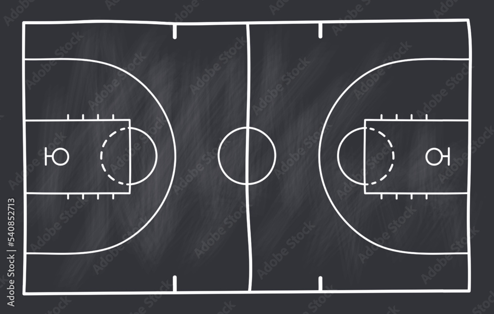 Fototapeta premium Basketball strategy field, game tactic chalkboard template. Hand drawn basketball game scheme, learning blackboard, sport plan vector illustration