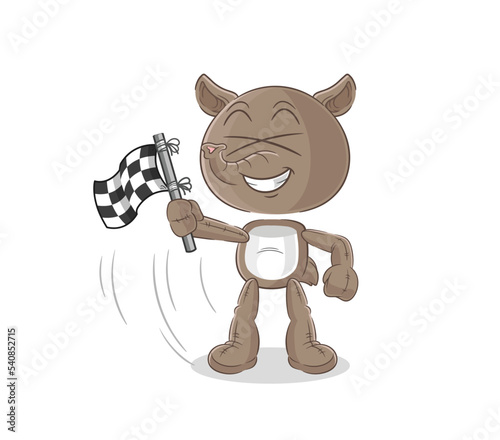 tapir hold finish flag. cartoon mascot vector