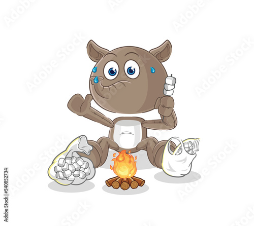 tapir roasting marshmallows. cartoon mascot vector