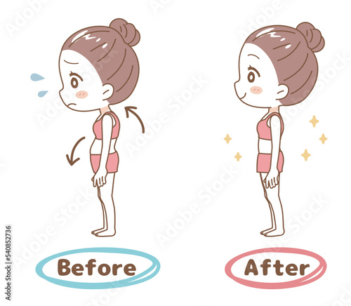 Before-after illustration set of a woman whose posture has been corrected.