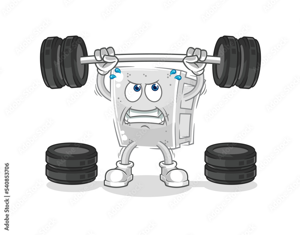 concrete brick lifting the barbell character. cartoon mascot vector concrete brick lifting the barbell character. cartoon mascot vector