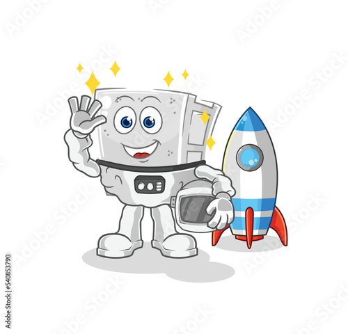 concrete brick astronaut waving character. cartoon mascot vector © dataimasu