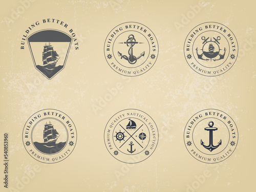 Nautical Logos Templates Set. Vector Marine Labels, Sea Badges, Anchor Logos Design, Emblems Graphics. Vector Illustration