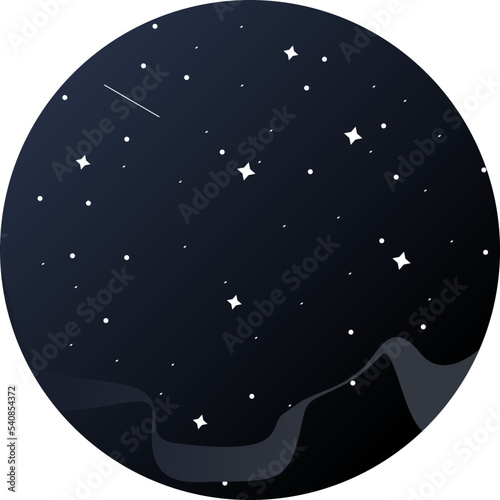 Dark blue gradient night starry sky in outer space full of star, comet and cloud in a round circle background vector illustration