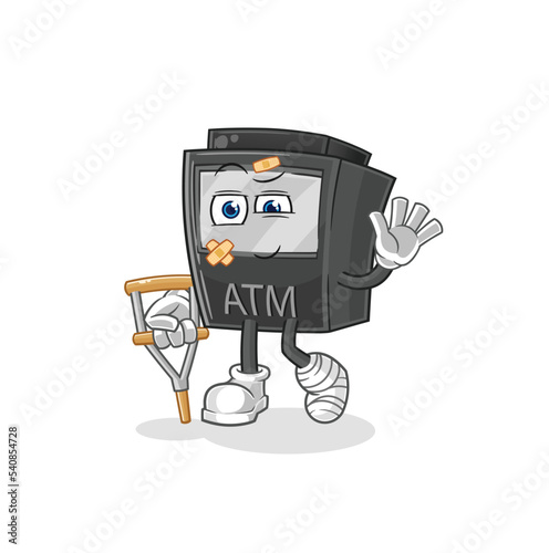ATM machine sick with limping stick. cartoon mascot vector