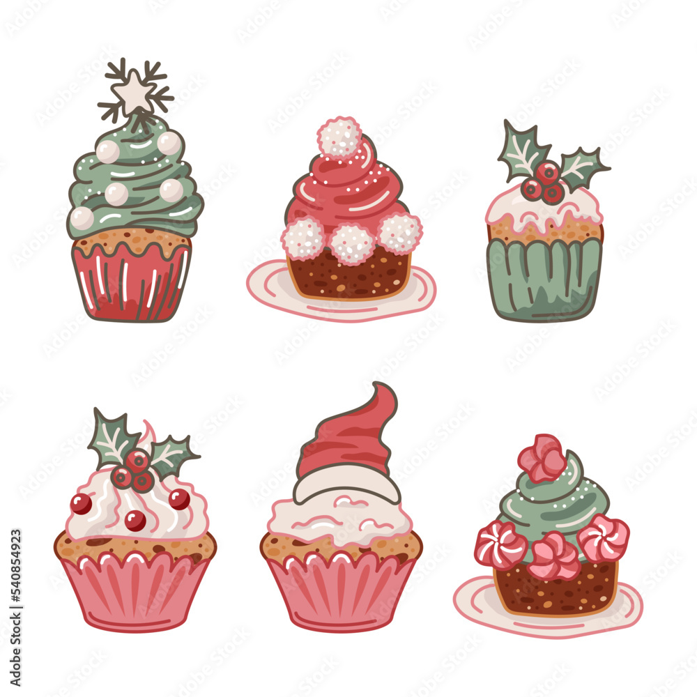 Merry Christmas and New Year cupcakes set. Vector illustrations. Merry Christmas and New Year cupcakes set. Vector illustrations.