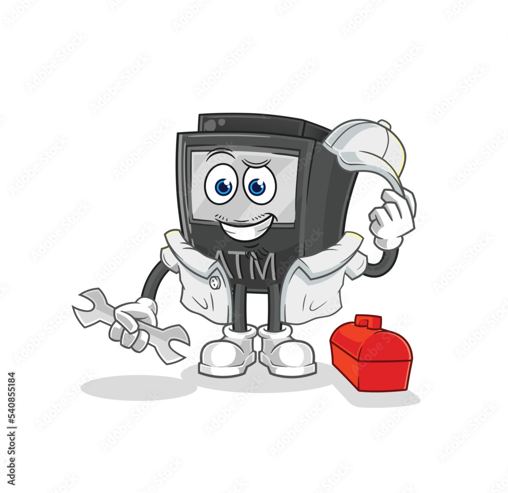 ATM machine mechanic cartoon. cartoon mascot vector ATM machine mechanic cartoon. cartoon mascot vector