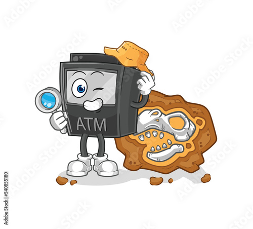 ATM machine archaeologists with fossils mascot. cartoon vector