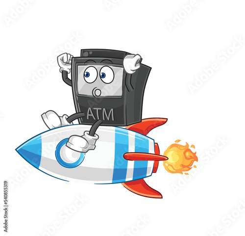 ATM machine ride a rocket cartoon mascot vector