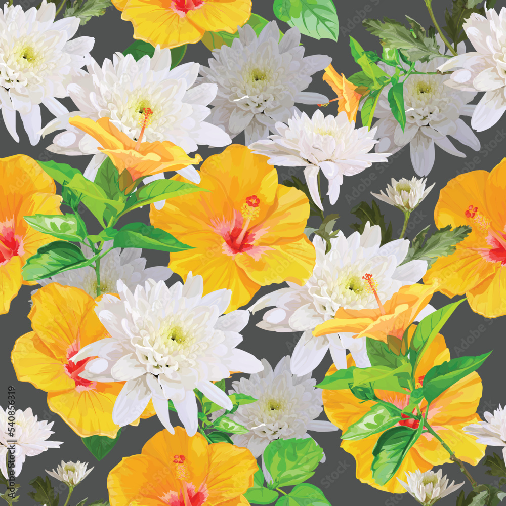 Hibiscus and chrysanthemum seamless pattern