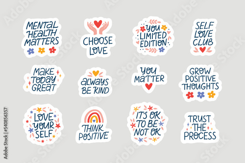 Mental health stickers flat vector illustration. Trendy mindfulness phrases. Collection self care and love inspirational quotes. Positive saying set for daily planner, scrapbook, diary, calendar.