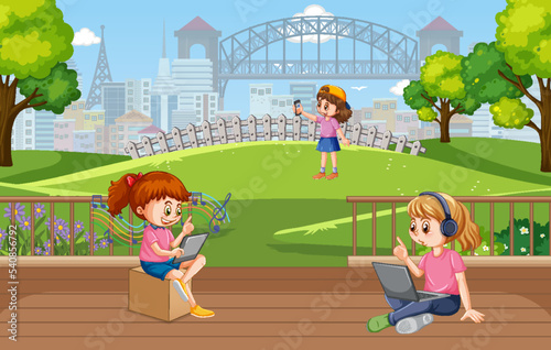 Outdoor scene with people using technology devices