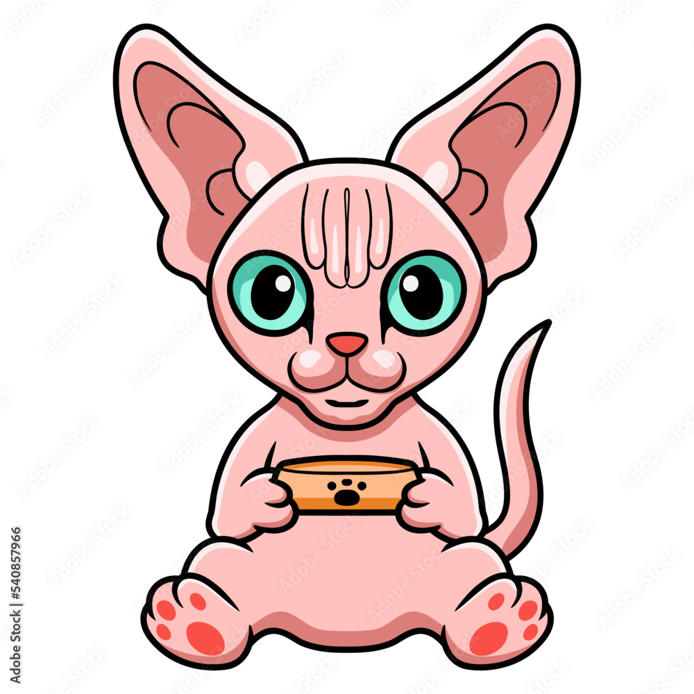 Cute sphynx cat cartoon holding food bowl Cute sphynx cat cartoon holding food bowl