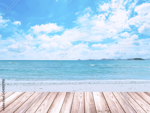 Empty wooden table for displaying products. The background is sea view blue sky and white clouds.  with copy  