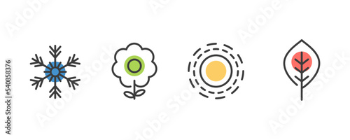Four seasons icon set. 4 Vector graphic element illustrations representing winter, spring, summer, autumn. Snowflake, flower, sun and maple leaf