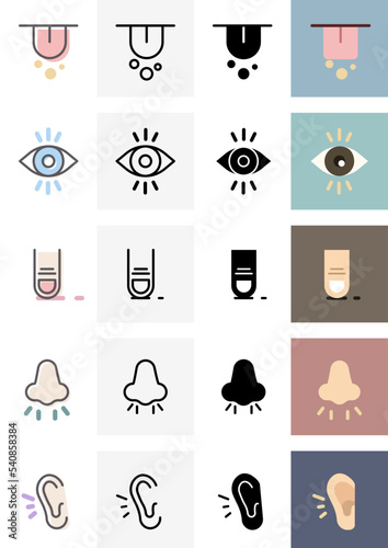 5 human senses illustrations. Taste, sight, touch, smell, hearing. Tongue, eye, finger, nose and ear. Vector trendy thin line icon pictogram designs in different styles.