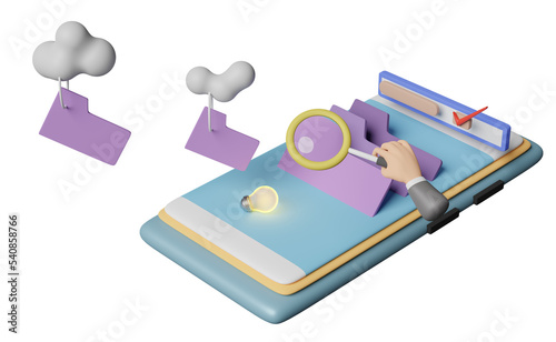 Wallpaper Mural businessman hand holding magnifying with search data in mobile phone isolated. cloud storage download, data transfering, datacenter connection network concept, 3d illustration or 3d render Torontodigital.ca