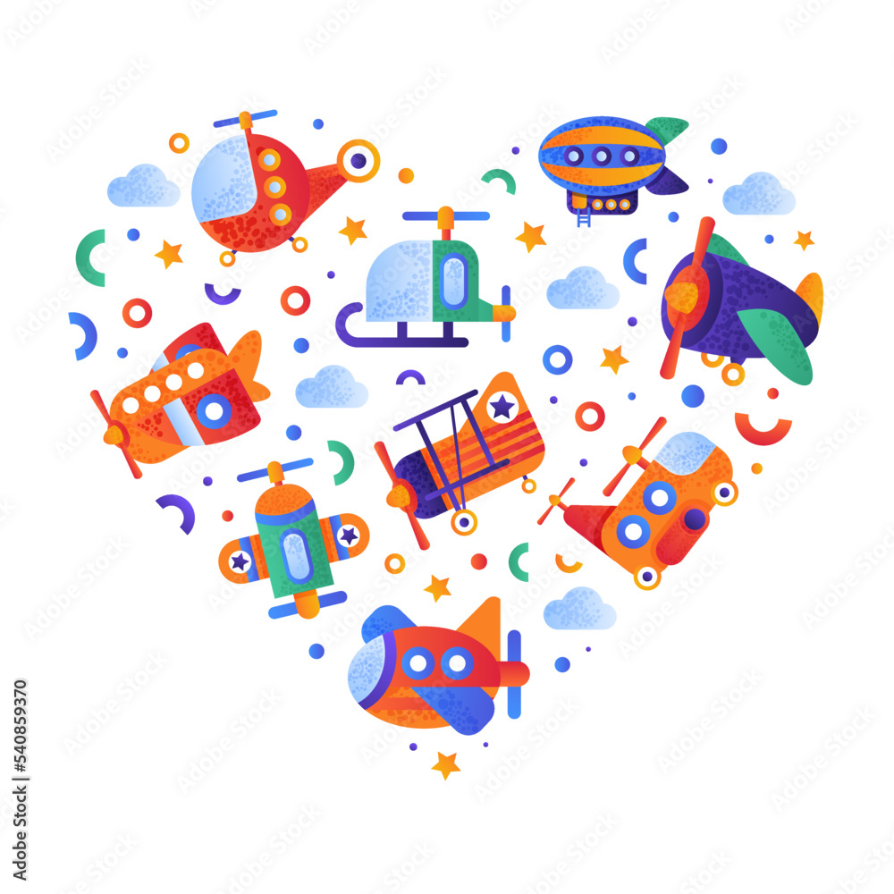 Colorful Planes and Aircraft with Wing and Propeller Heart Shape Arrangement Vector Template