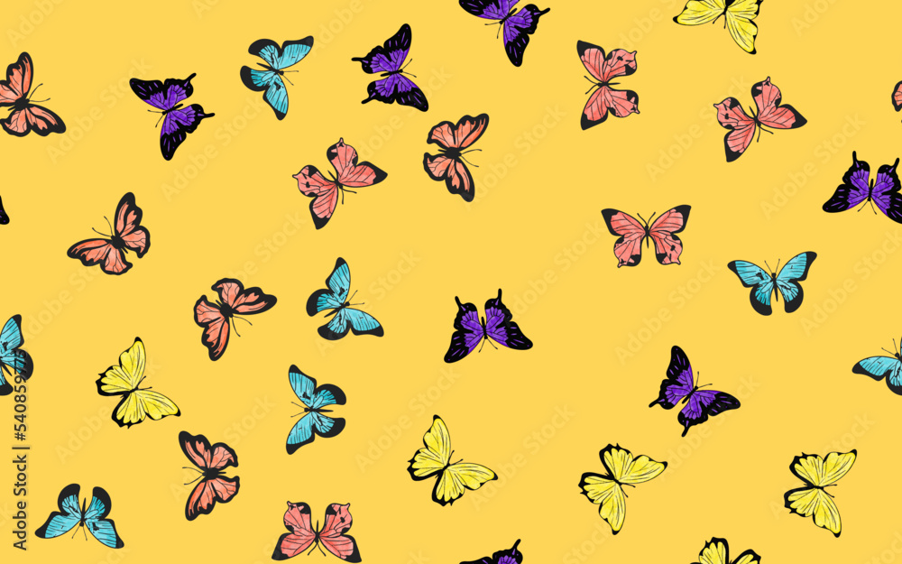 Many beautiful hand-drawn colorful butterflies on a yellow background. seamless patterns