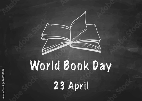 world book day, drawn with with chalk on a dark blackboard