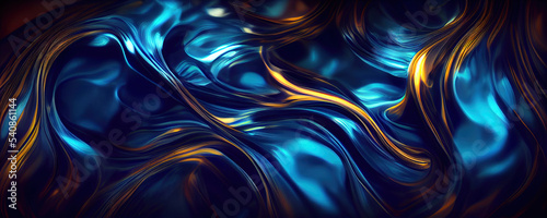 Blue and gold abstract liquid wave background, Generative AI Art