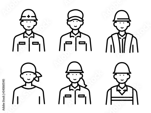 ポジティヴな表情の作業員のアバターイラストセット　線画のみ