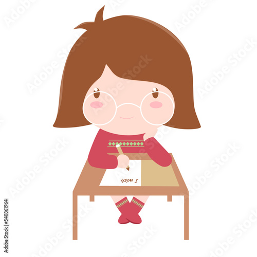 Happy short hair cute little girl cartoon character or chibi with winter red and green pattern sweater and big rounded white glasses sitting and writing a holiday card. Vector illustration